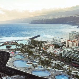 Aerial drone view of Puerto de la Cruz in Tenerife, Canary Islands